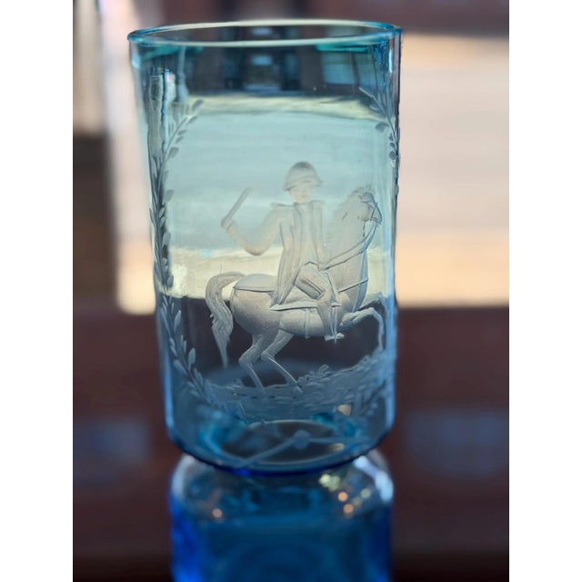 Blue Antique Victorian Blue Etched Glass Vase- American Bicentennial- Rare Find For Sale - Image 8 of 10