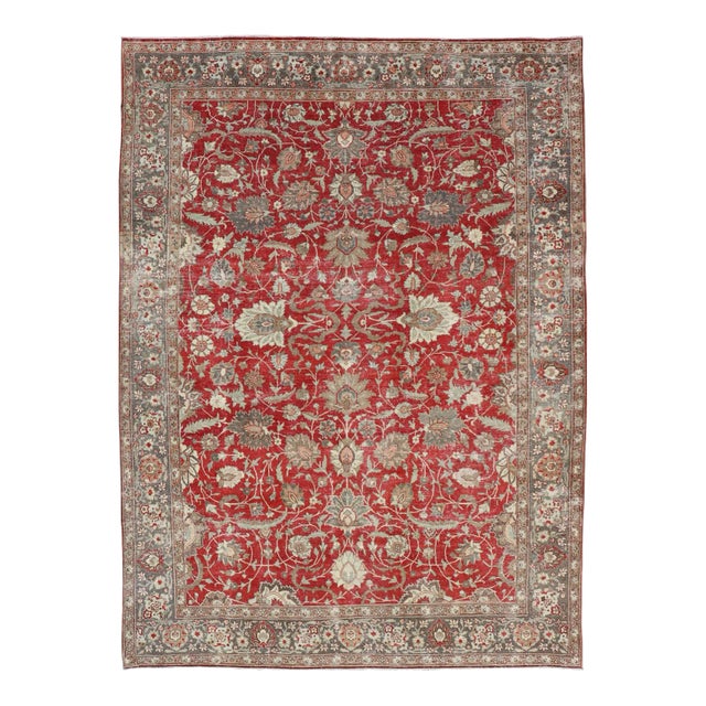 Antique Persian Fine Weave Tabriz in Red Background With Earth Tones 8'5" X 11'8" For Sale