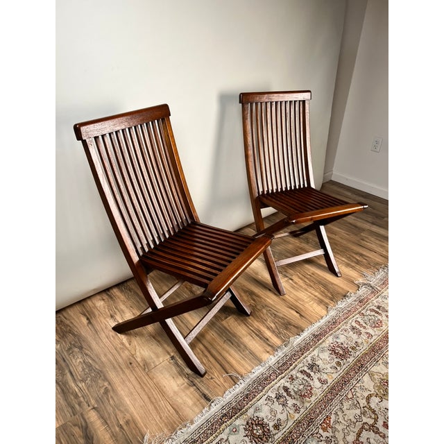 Wood Pair Vintage Mid-Century Modern Style Teak Folding Chairs For Sale - Image 7 of 10