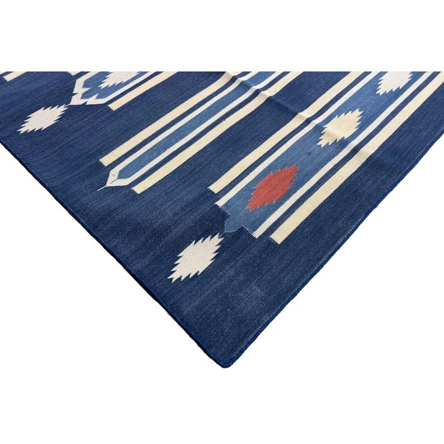 Not Yet Made - Made To Order Handmade Cotton Area Rug, Vegetable Dyed, Indigo Blue, Cream and Terracotta Striped Dhurrie -6'x9' For Sale - Image 5 of 13