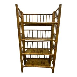 1970s Tall Vintage Burnt Bamboo Faux Tortoise Shell Four Shelf Etagere
