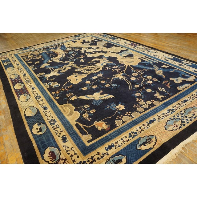 1920s Antique Navy Blue Deco Classical Chinese Garden Scene Peking Room Size Rug For Sale In New York - Image 6 of 9
