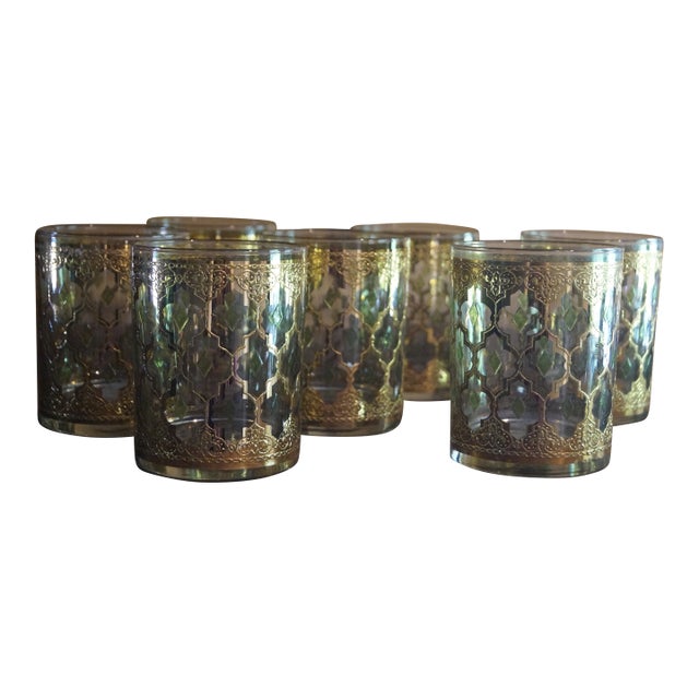 1950s Culver 22kt Gold Valencia Rocks Glasses - Set of 7 For Sale