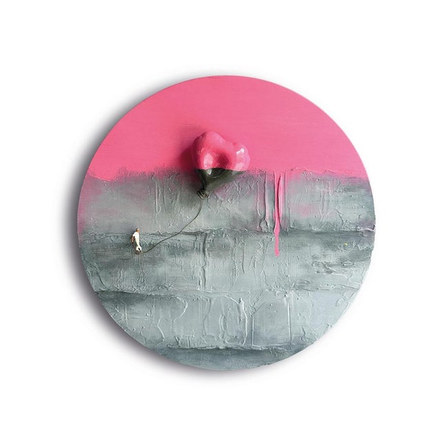 Contemporary Vera Vizzi, Wall Sculpture with Heart Balloon and Miniature Figure, 2022, Mixed Media For Sale - Image 3 of 10
