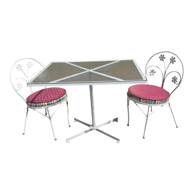 Vintage Floral White Iron Bistro Table & 2 Chairs For Sale