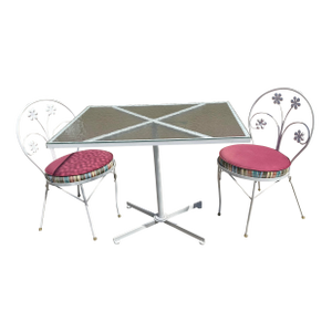 Vintage Floral White Iron Bistro Table & 2 Chairs