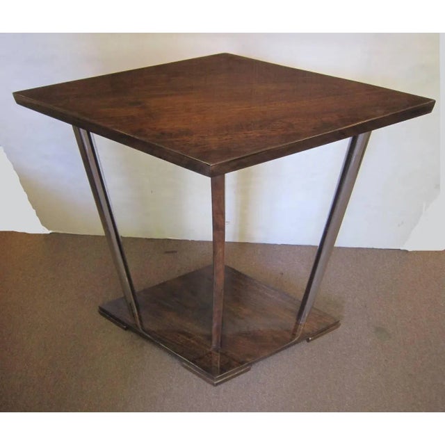 French Art Deco Diamond Shaped Walnut Side Table With Nickel Supports For Sale - Image 13 of 13