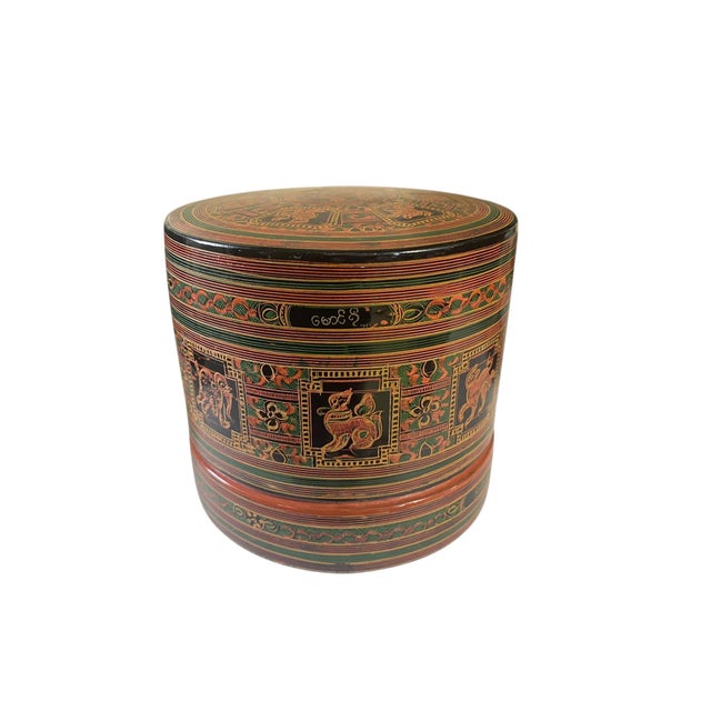 Vintage Burmese Asian Lacquer Wood Hand Painted Betel Box 5" H For Sale In New York - Image 6 of 11
