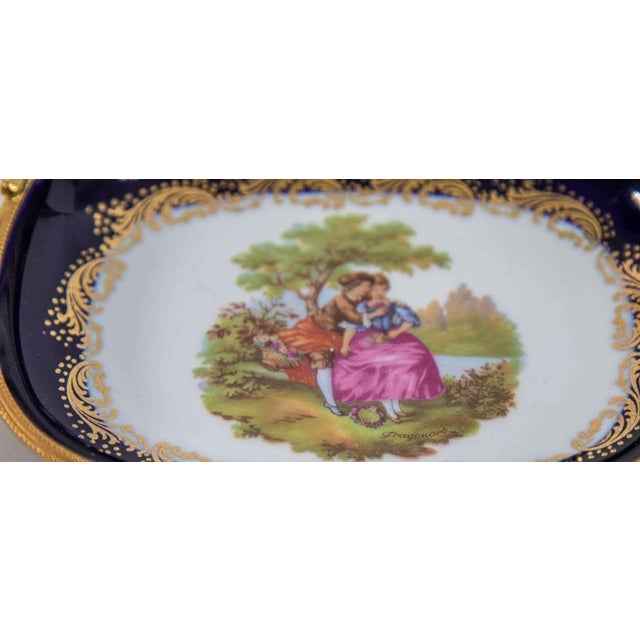 Mid 20th Century Limoges France Dish in Royal Blue with Fragonard Couple and Fine Gold Metal Trim For Sale - Image 5 of 17