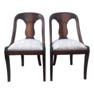 Late 19th Century French Empire Style Chairs With Gray and YellowFloral Block Print Linen Upholstered Seat - A Pair For Sale