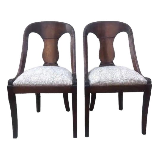 Late 19th Century French Empire Style Chairs With Gray and YellowFloral Block Print Linen Upholstered Seat - A Pair For Sale