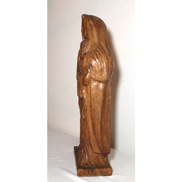 Antique Religious Folk Art Mary Jesus Hand Carved Wood Sculpture Statue Santos For Sale - Image 4 of 12
