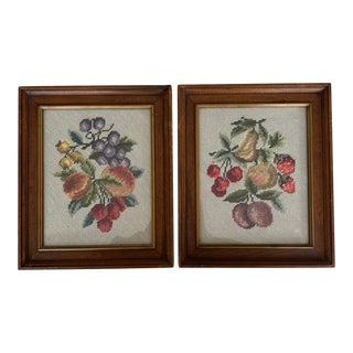 Pair of Vintage Framed Fruit Needlepoints For Sale