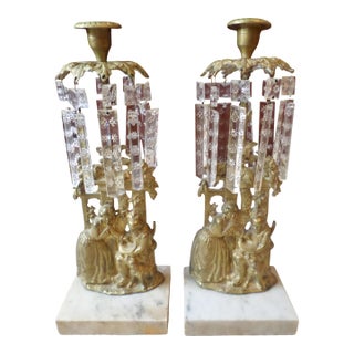 Antique Girandole Set Ornate Brass and Marble Candelabra With Crystal Prisms For Sale