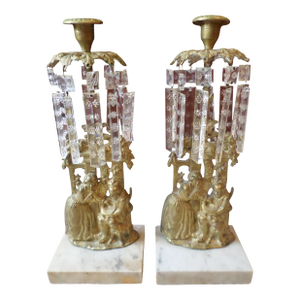 Antique Girandole Set Ornate Brass and Marble Candelabra With Crystal Prisms