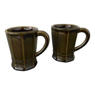 Vintage Olive Green Glazed Coffee Mugs- Set of 2 For Sale