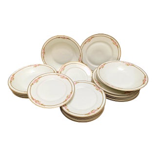 French Limoges Vintage Pink Rosette Patterned China Plates and Bowls, Set of Nineteen For Sale