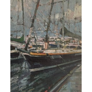 Dock by Jim Beckner | Oil Painting of boats moored at a harbor For Sale