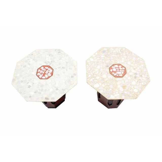 Good quality vintage end tables on walnut bases. Thick travertine tops with mosaic inlays. These are non matching bases....