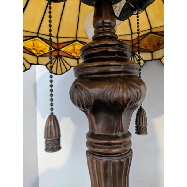 Vintage Arts and Crafts Style Leaded Slag Glass Table Lamps- A Pair For Sale In Charlotte - Image 6 of 8