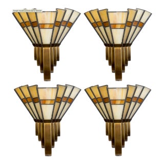 Art Deco Bronze and Opaline Glass Sconces, 1939, Set of 4 For Sale
