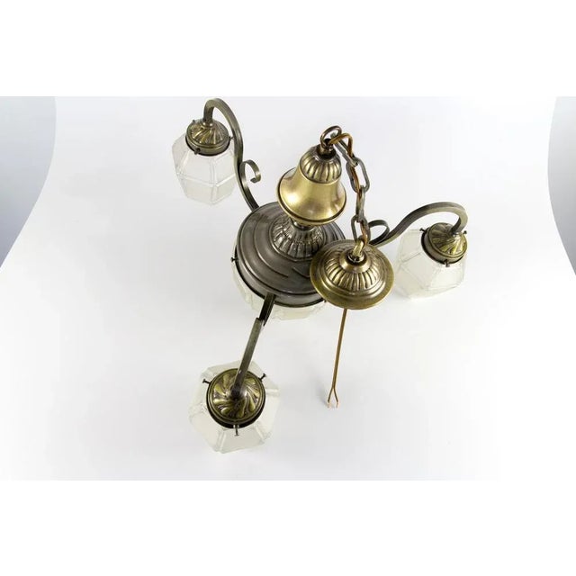 Art Deco French Brass & Frosted Glass 4-Light Chandelier, 1920s For Sale - Image 16 of 18
