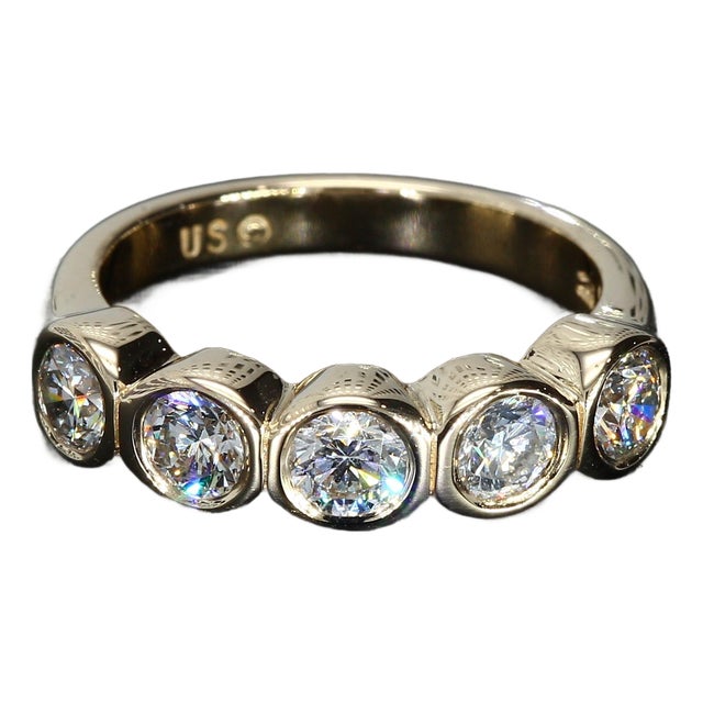 Mid 20th Century 14k Yellow Gold Five Diamond Bezel Set Ring - Size 5.25 For Sale