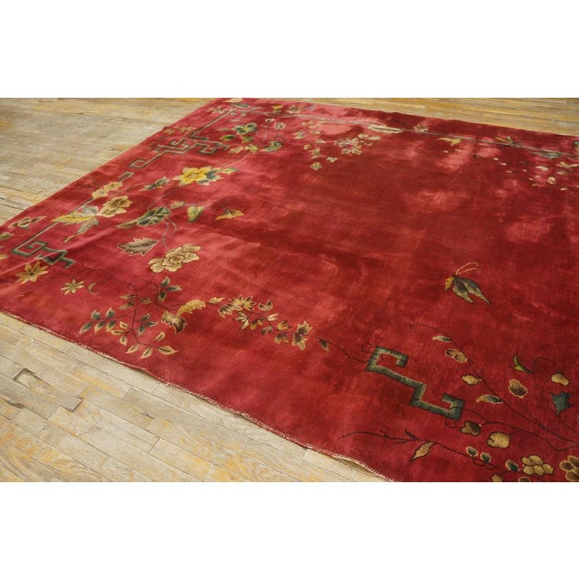 Textile 1920s Ruby Red Flora Bamboo Antique Chinese Art Deco Carpet 8'10" X 11'7" Knotted Wool Rug For Sale - Image 7 of 12