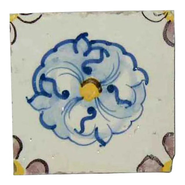 Portuguese Tin Glazed Pottery Floral Square Azulejo Tile For Sale
