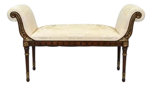 Neoclassical Carved Mahogany and Gilt Scroll Arm Window Bench Seat