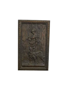 Antique Cast Iron European Relief Wall Plaque of Woman With Dog and Bird