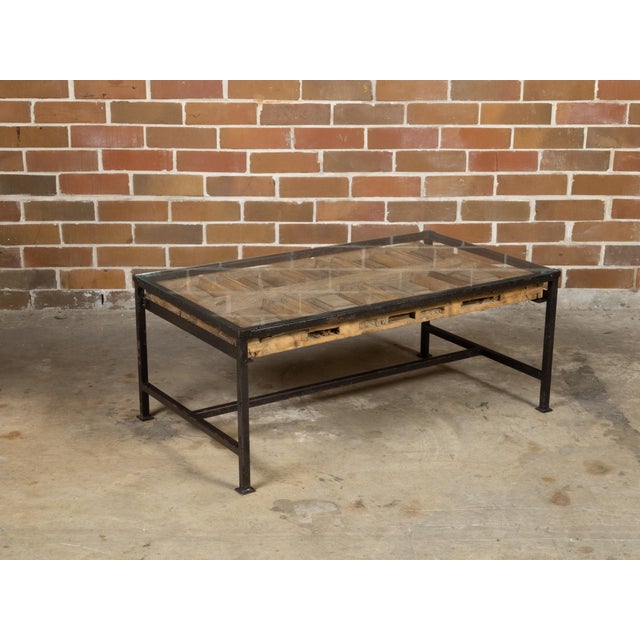 Wood Contemporary Coffee Table Made with Antique Door Fragment on Custom Iron Base For Sale - Image 7 of 12