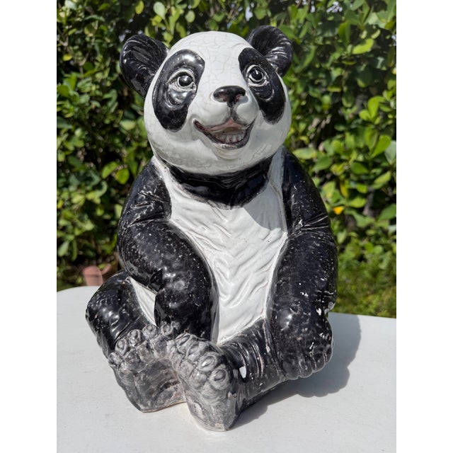 Vintage Large Crackle Glazed Seated Panda Ceramic Sculpture For Sale - Image 4 of 12