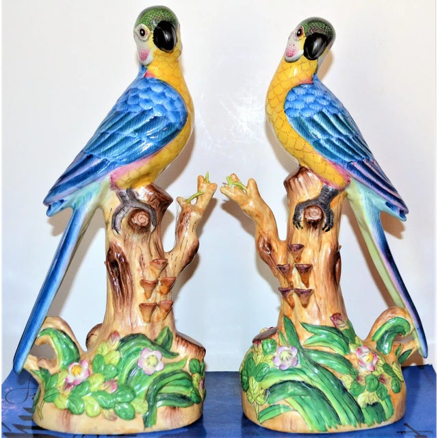 Vintage Chinese Blue Majolica Parrot Figurines - A Pair For Sale - Image 12 of 13