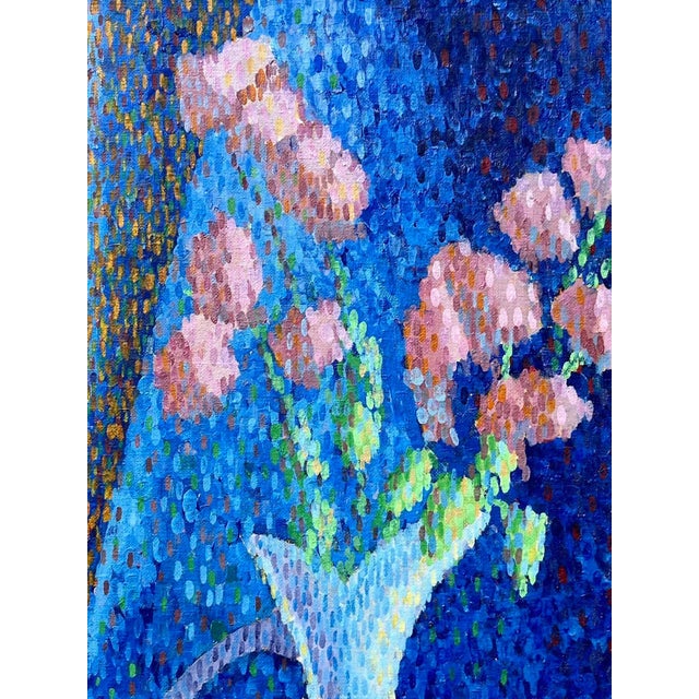 Vintage American Modernist Pointillist Oil Painting of a Cat and Vase of Flowers by Emmalean Baumann For Sale In New York - Image 6 of 9