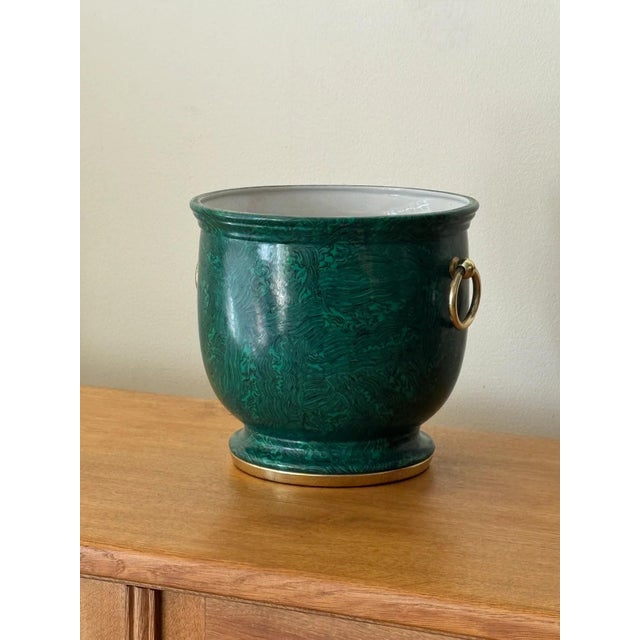 Enameled Painted Malachite Porcelain Planter With Brass Circa 1970 For Sale - Image 4 of 4