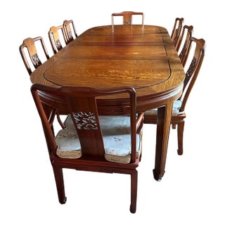 1970s Vintage Solid Rosewood Hand Carved Dining Table With 8 Chairs and Custom Cushions - Set of 9 For Sale