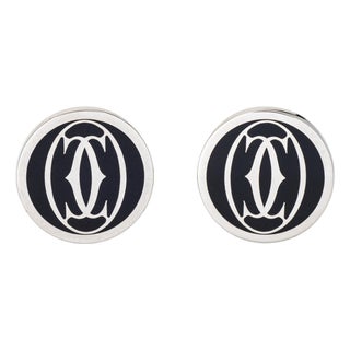 Double C De ​Cartier Cufflinks Sterling Silver Black Lacquer Estate Jewelry, Pair For Sale