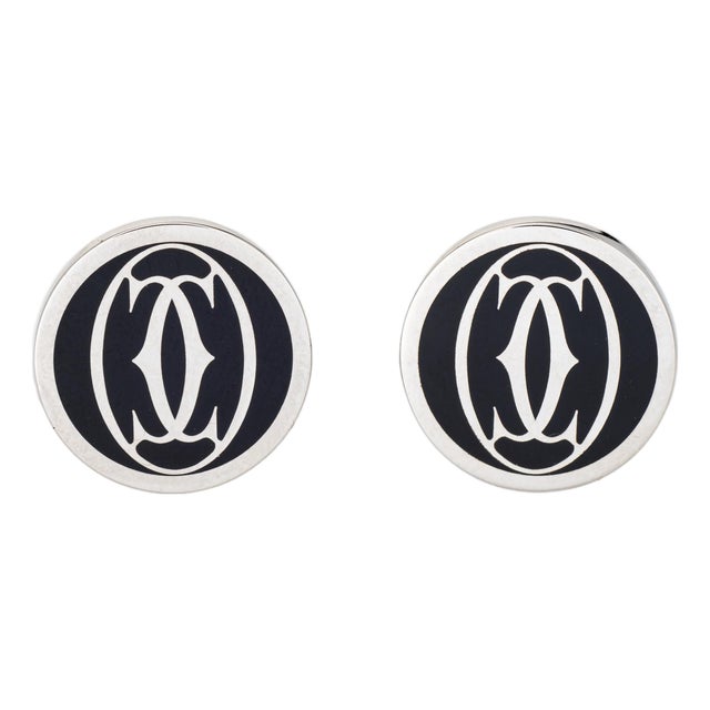 Double C De ​Cartier Cufflinks Sterling Silver Black Lacquer Estate Jewelry, Pair For Sale
