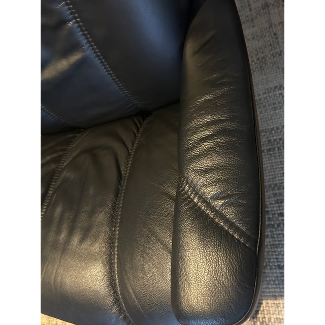 2010s Ekornes Stressless Black Leather Recliner and Ottoman With Wood Base For Sale - Image 5 of 13