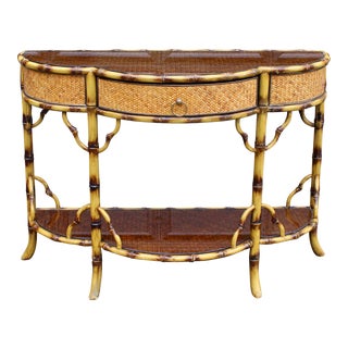 Vintage Tortoise Bamboo Fretwork Chinoiserie Clover Console Table For Sale