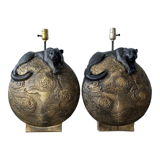 Mid 20th Century Hollywood Regency Sculptural Panther Globe Table Lamps - a Pair For Sale