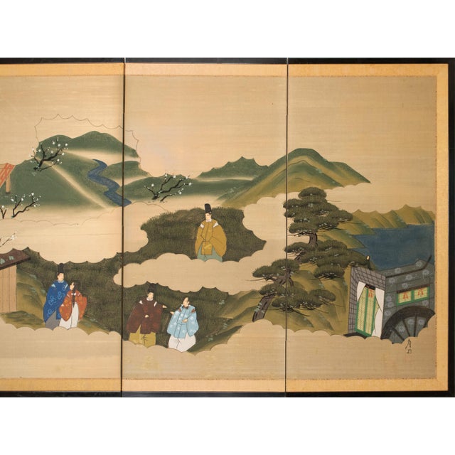 Japanese C. 1960s "The Tale of Genji", Showa Era Japanese Painted Silk Byobu Screen For Sale - Image 3 of 18