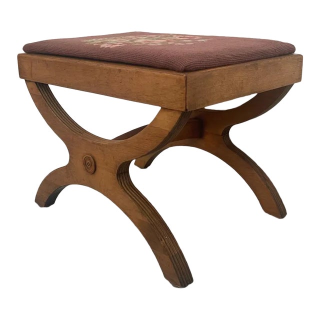 1970s Vintage Needlepoint Embroidery Footstool With Floral Motif For Sale