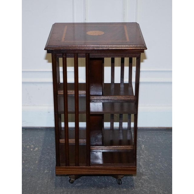 Mid-Centry Sheraton Revival Inlaid Revolving Bookcase End Table on Castors For Sale - Image 13 of 17