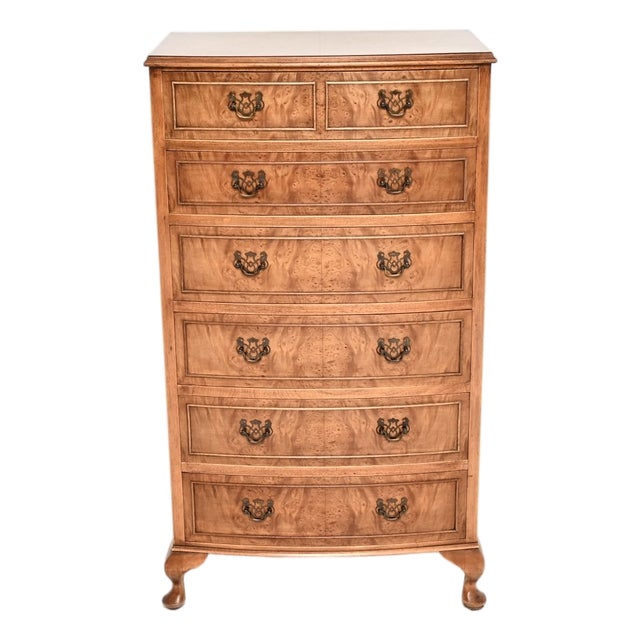 Bow Front Burr Walnut Chest of Drawers, 1930s For Sale