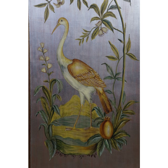 3 Chinoiserie Gold Silver Metallic Tropical Bird Crane Leaf Vine Hanging Panels 63" For Sale - Image 13 of 17