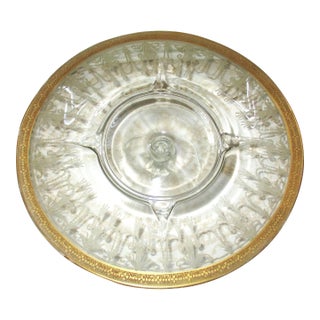 Vintage Elegant Glass Etched Gold Rim Cake Stand For Sale