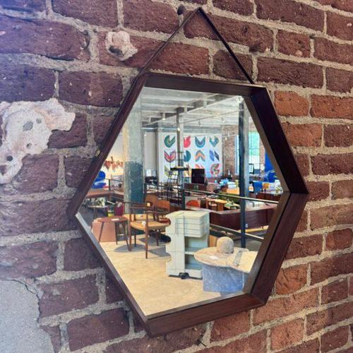 Vintage Teak Hexagonal Mirror, Denmark, 1960s For Sale - Image 4 of 4