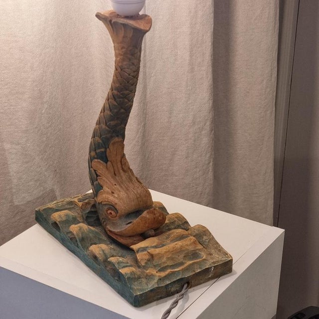 Koi Fish Table Lamp in Hand-Carved and Painted Wood, Early 1900s For Sale - Image 5 of 9